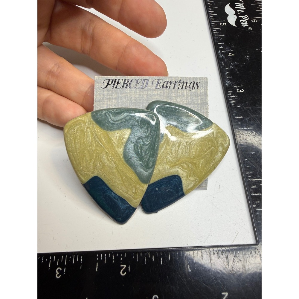 Vintage 80s Oversized Triangle Stud Earrings Swirl Enamel Green Gold Blue USA